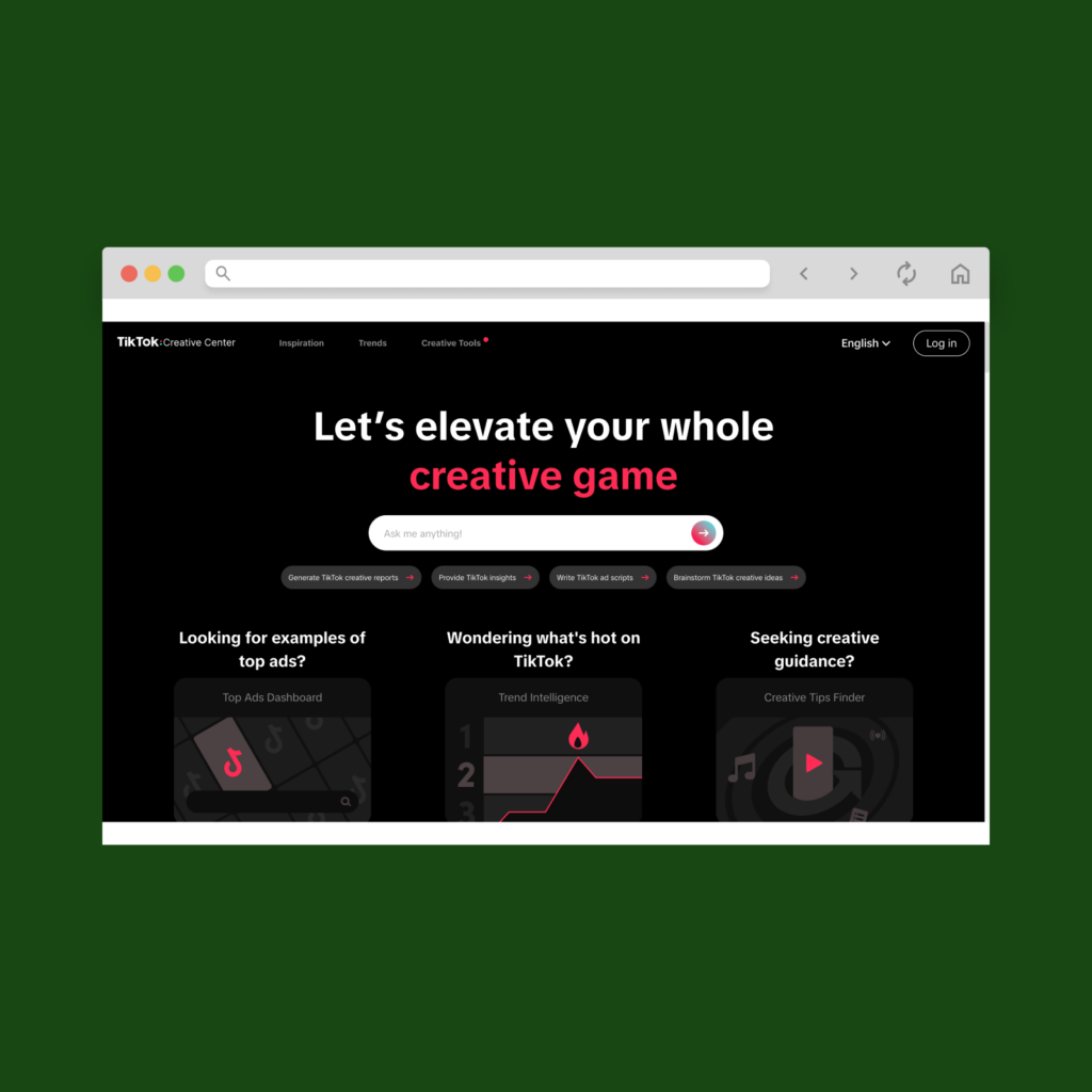TikTok Creative Center homepage hero section screenshot.