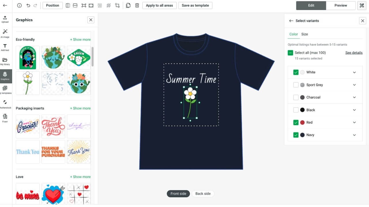 T-shirt design process example in Printify's Product Creator, where a design is made using free graphics and the text tool.