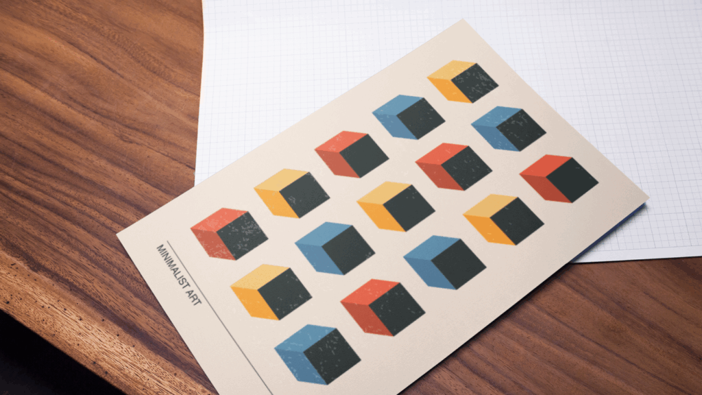 A poster featuring a vibrant design of colorful cubes arranged in an artistic pattern.