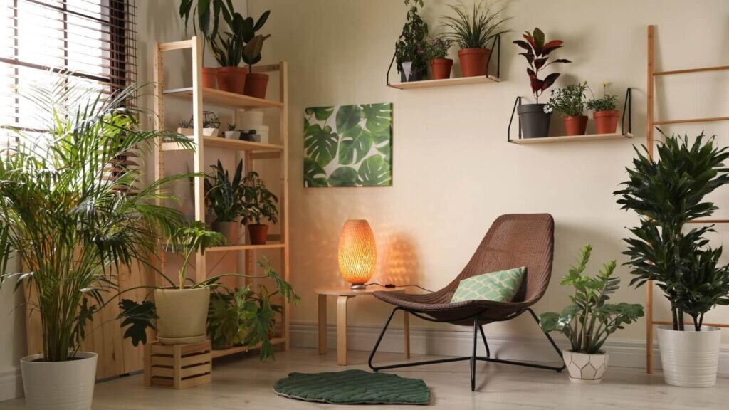 A room with minimalistic furniture and many potted plants.