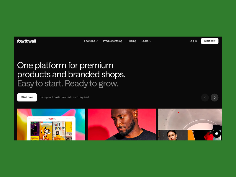 Fourthwall homepage promoting premium products and branded shops.