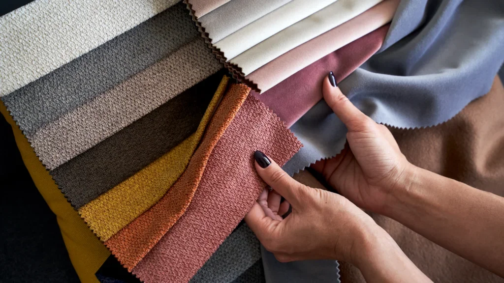 A woman touching various cotton and polyester fabrics.