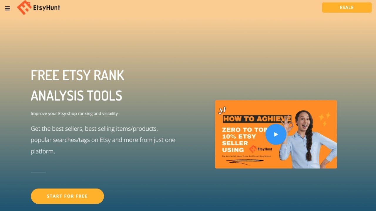 EtsyHunt homepage with the tagline: “Get the best sellers, best selling items/products, popular searches/tags on Etsy.
