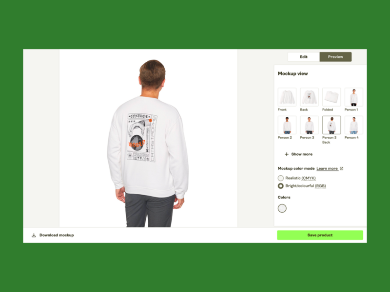 Screenshot mockup showing how to preview a product in Printify’s Product Creator.