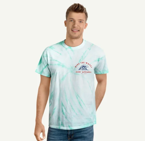 A man wearing a tie-dye t-shirt with a chest logo print.