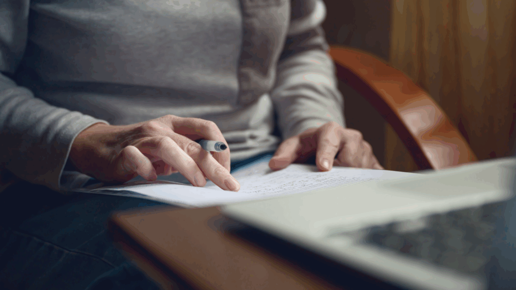 A person writes on a piece of paper with a pen.