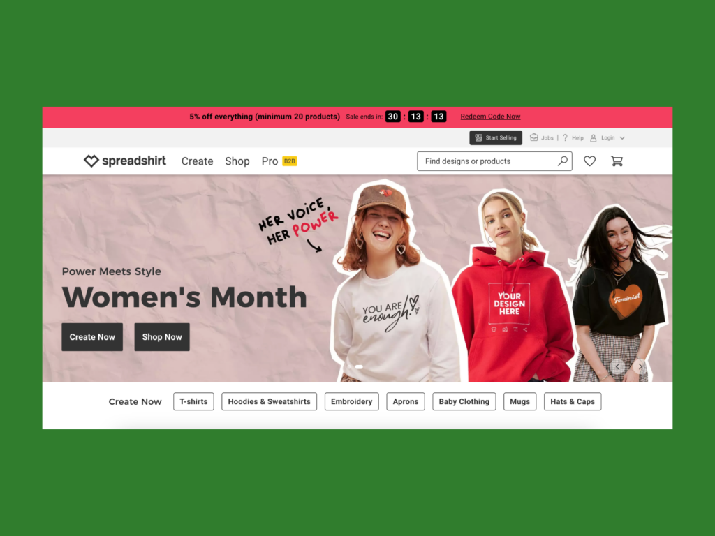 A screenshot of the Spreadshirt landing page.