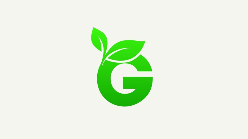 A green logo featuring a stylized letter "G" with two leaves.