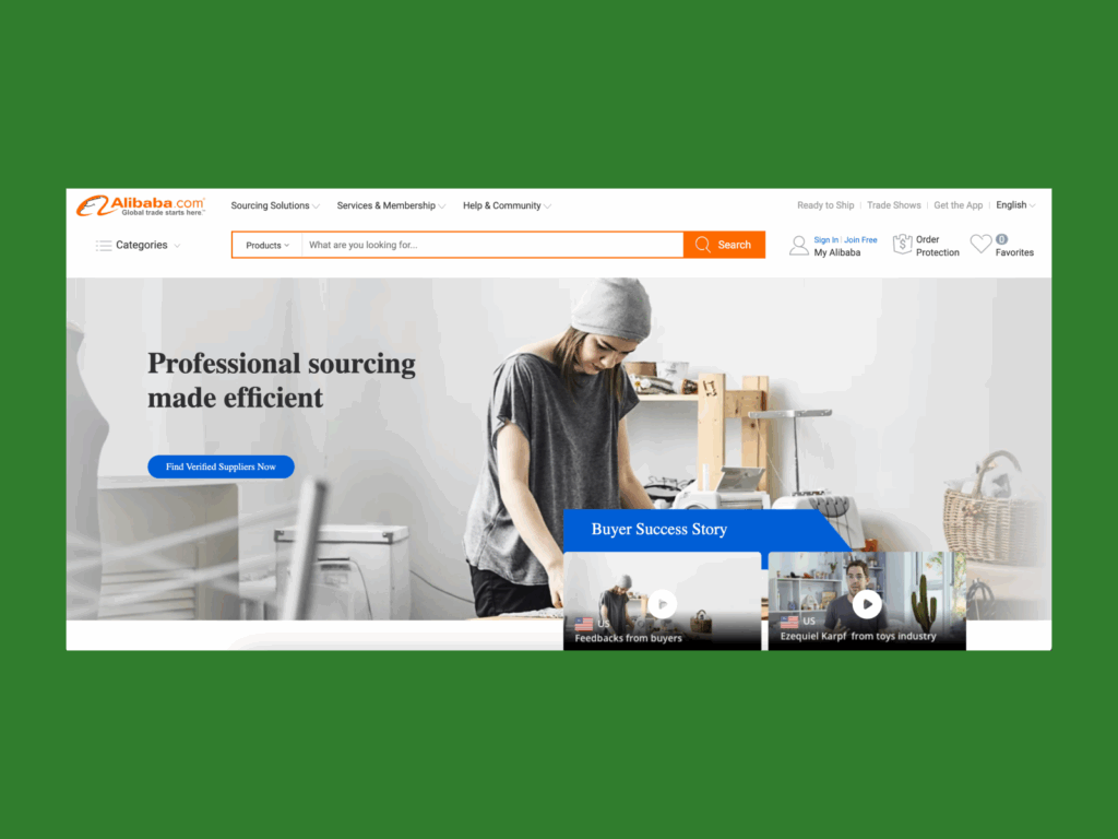 A screenshot of the Alibaba suppliers landing page.