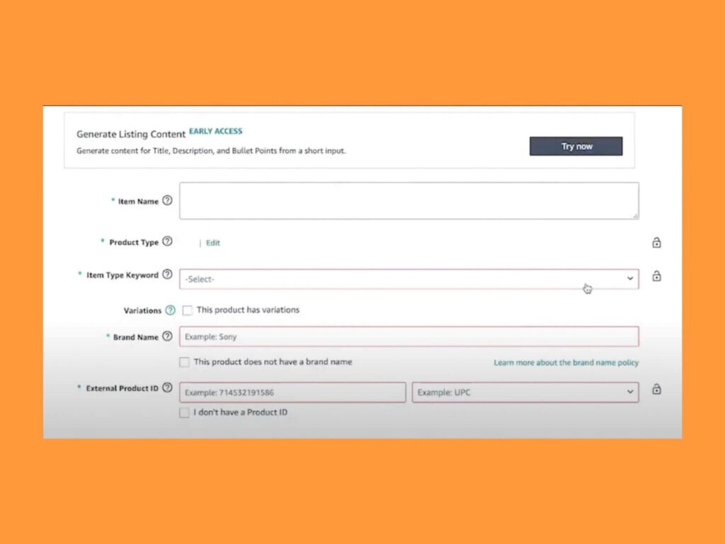 Listing content section for the item name, product type, keywords, and more.