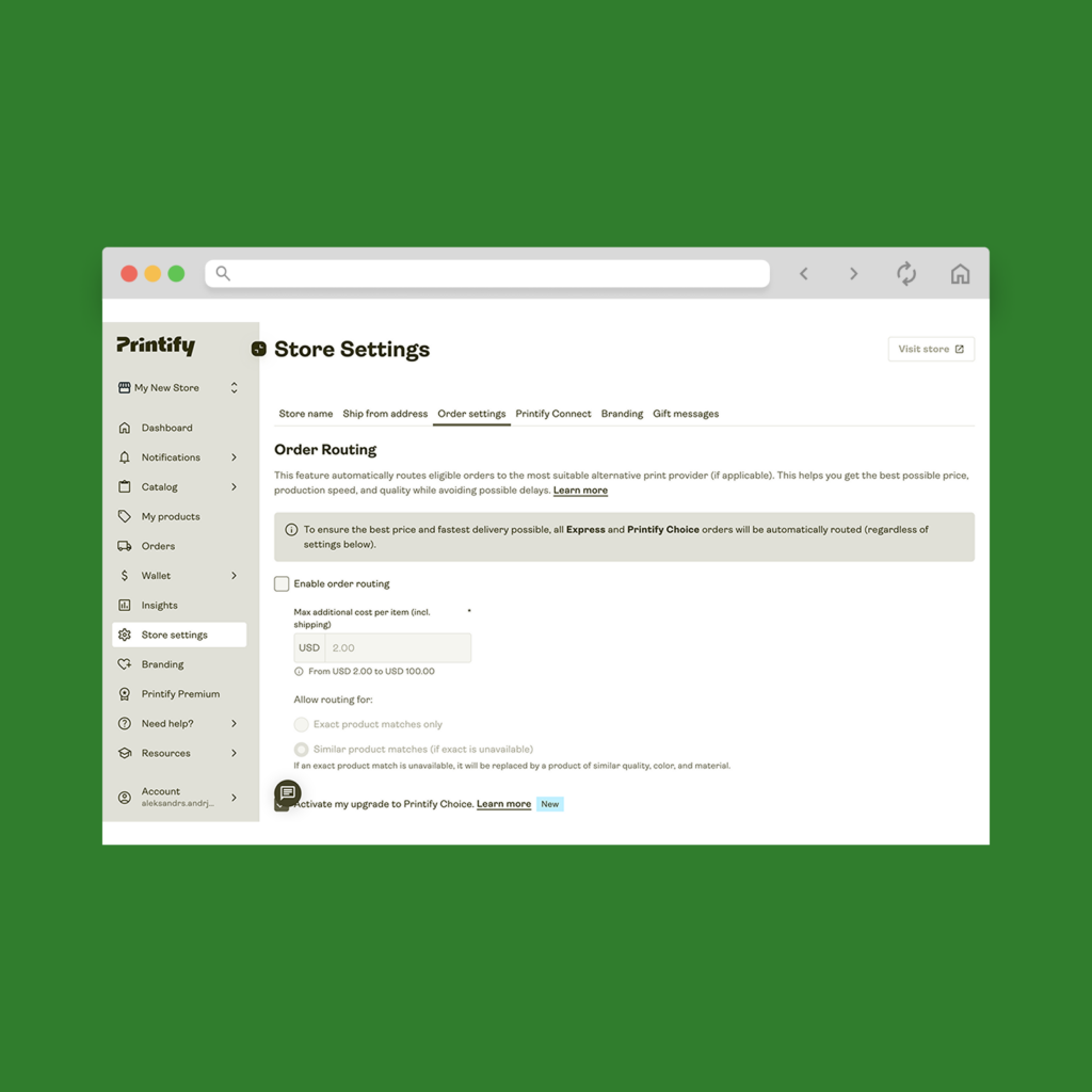 A screenshot showing how to adjust Printify’s product order routing.