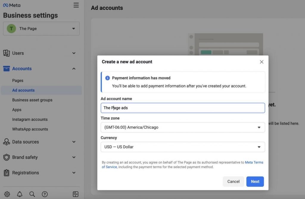 Facebook Business Account - New ad account