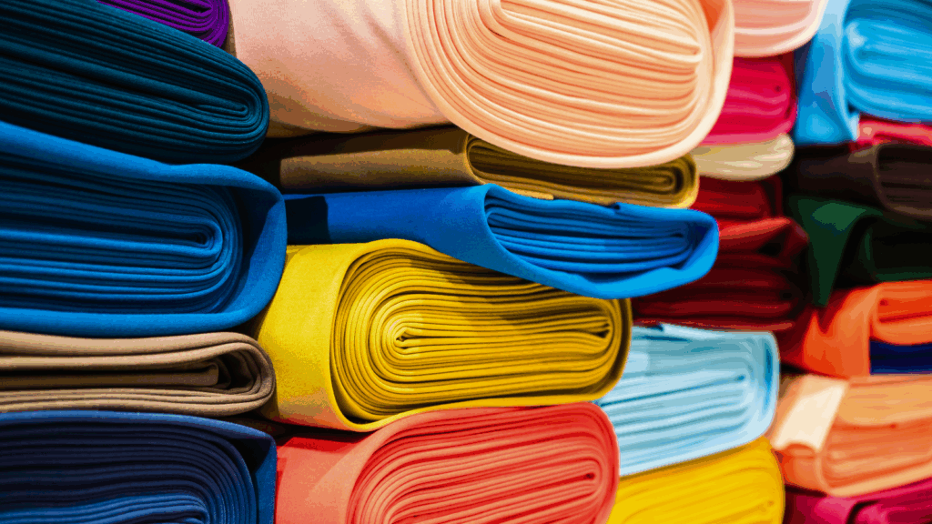 A vibrant assortment of colorful fabric pieces stacked together, showcasing various textures and patterns.