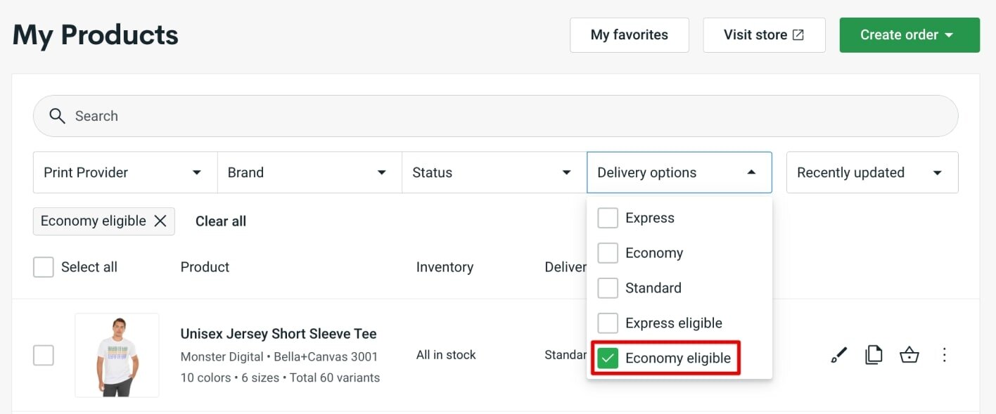 “My Products” page with the “Delivery options” filter having the “Economy eligible” box checked.