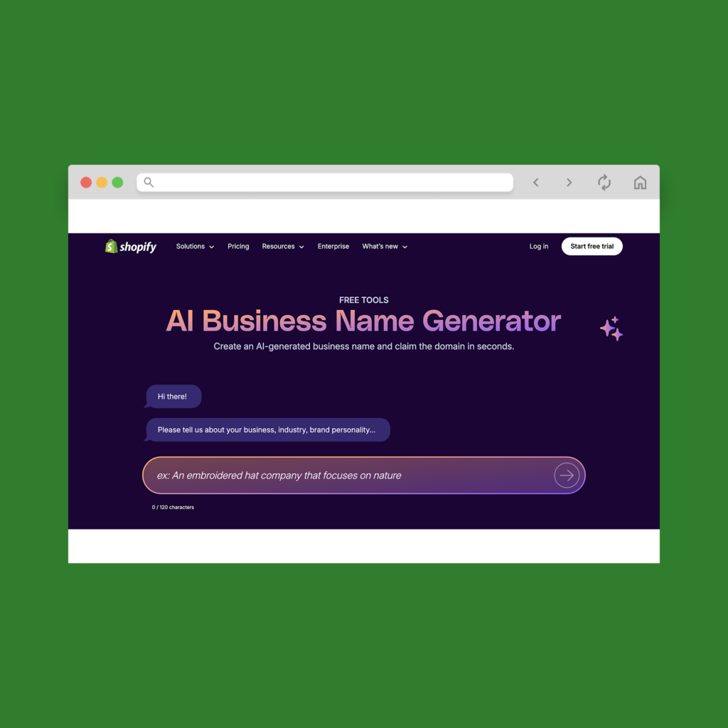 A screenshot mockup of Shopify’s AI Business Name Generator.