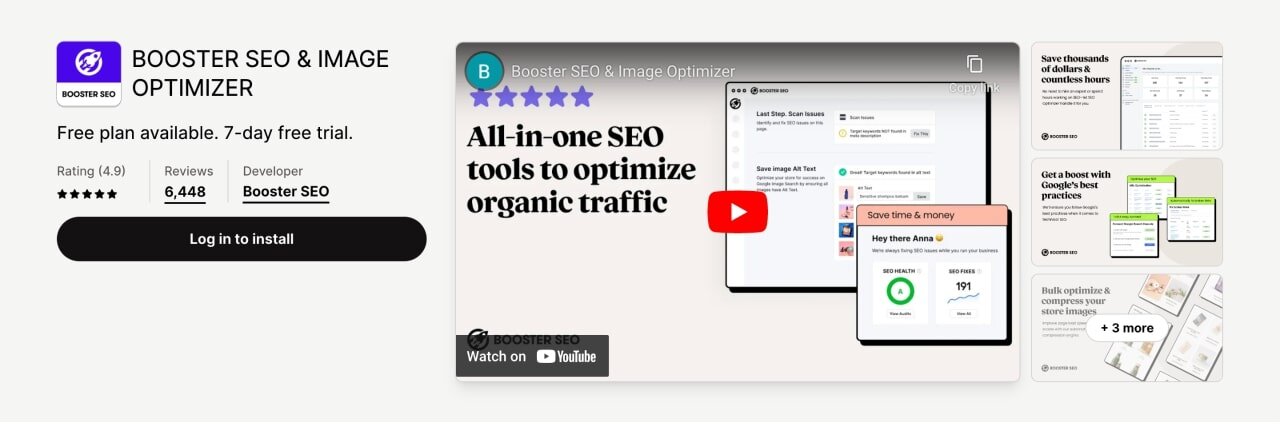 Booster SEO and Image Optimizer Shopify SEO app screenshot from the Shopify app store.