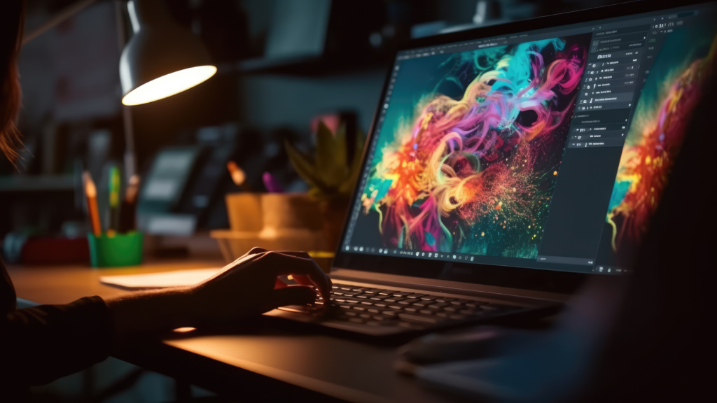 A person focused on a computer, surrounded by a vibrant, colorful background that enhances the workspace atmosphere.