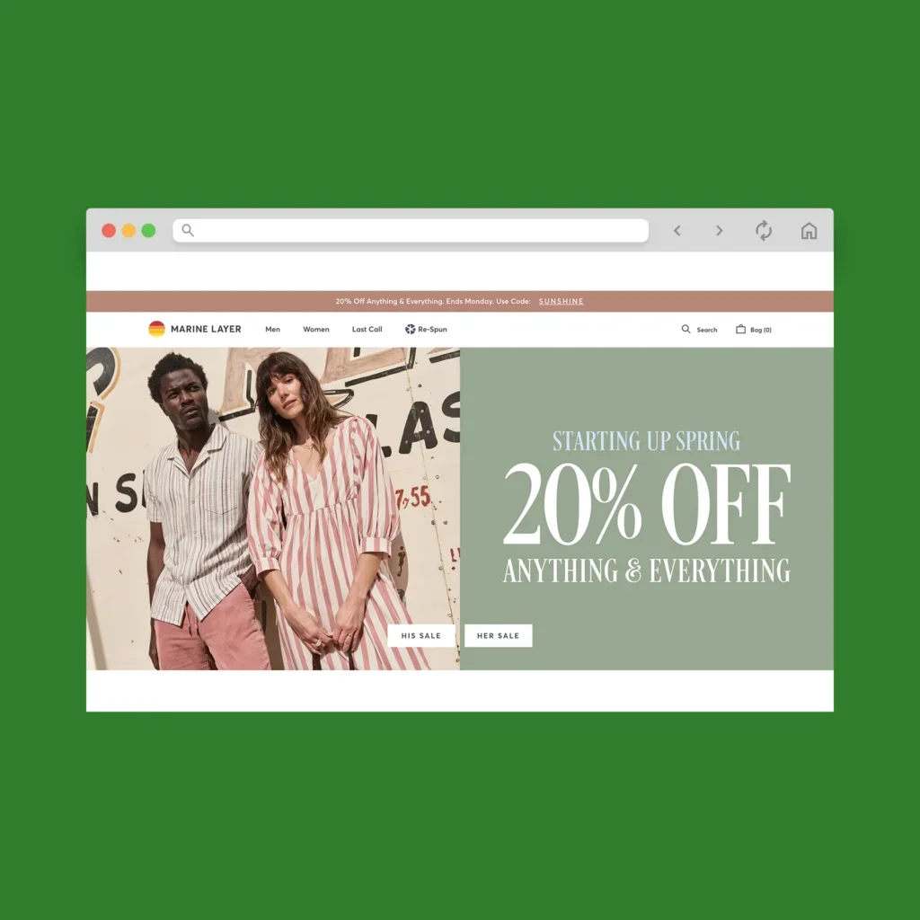 Marine Layer homepage hero section screenshot mockup as a Shopify clothing store example.