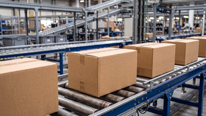 A row of cardboard boxes on a conveyor belt in a warehouse or factory setting.