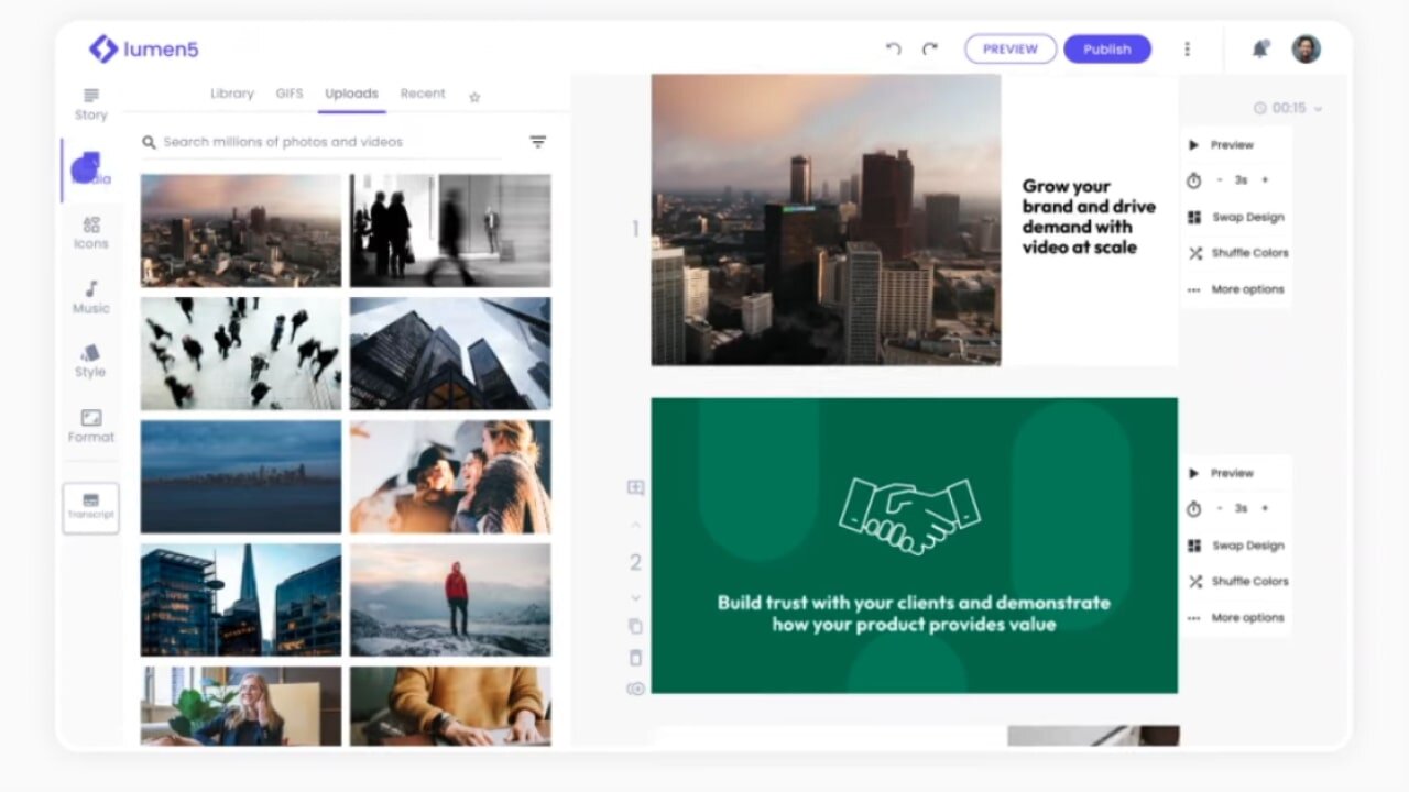 Lumen5 homepage promoting its features for improving videos with AI.