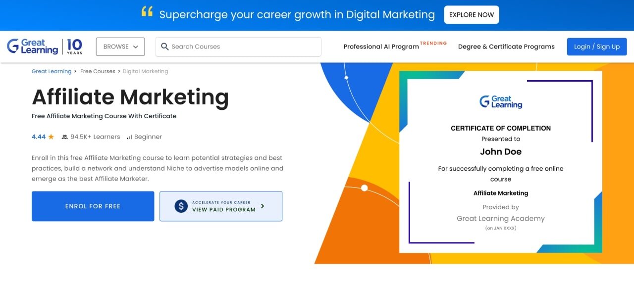 Great Learnings' “Affiliate Marketing Course for Beginners” free course page hero section screenshot.