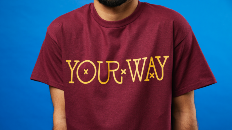 A man wearing a burgundy T-shirt with the bold, yellow text "YOUR WAY" stands against a vibrant blue background.