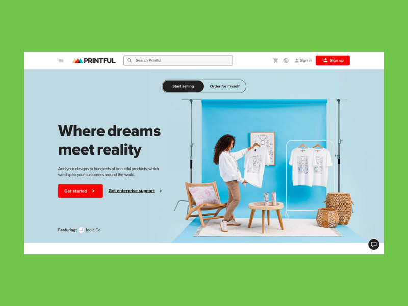 Printful homepage hero section screenshot mockup.