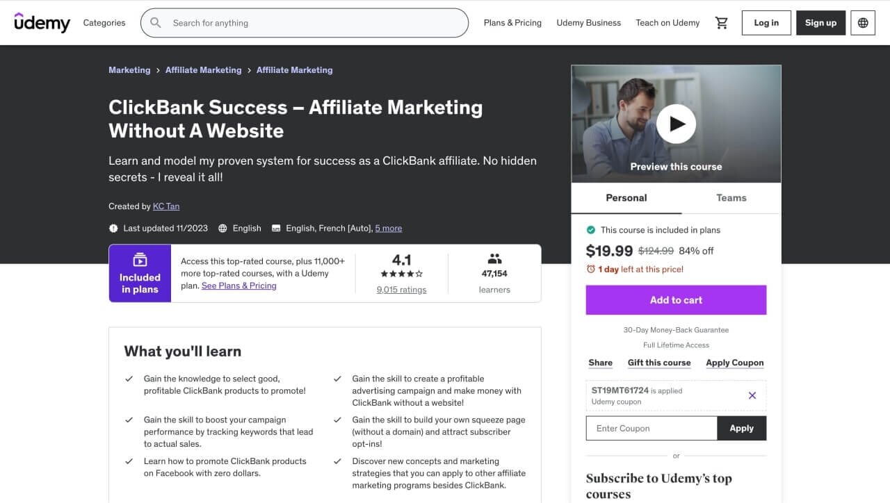 Udemy's “Affiliate Marketing Without a Website” paid course page hero section screenshot.
