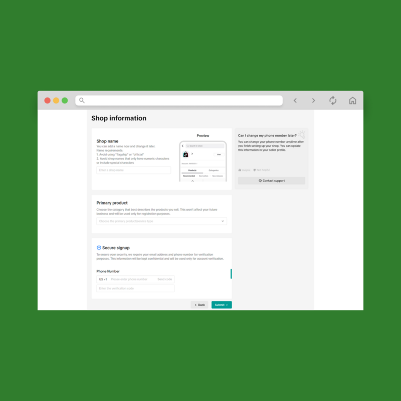 A screenshot mockup showing the registration process for TikTok’s Seller Center (TikTok Shop registration).