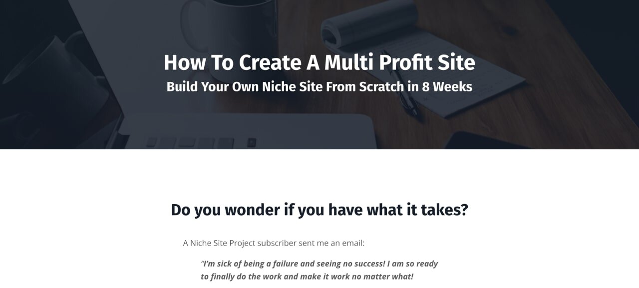 Doug Cunnington's “Multi-Profit Niche Site” paid course page hero section screenshot.