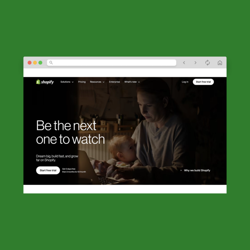A screenshot mockup of Shopify’s homepage hero section.