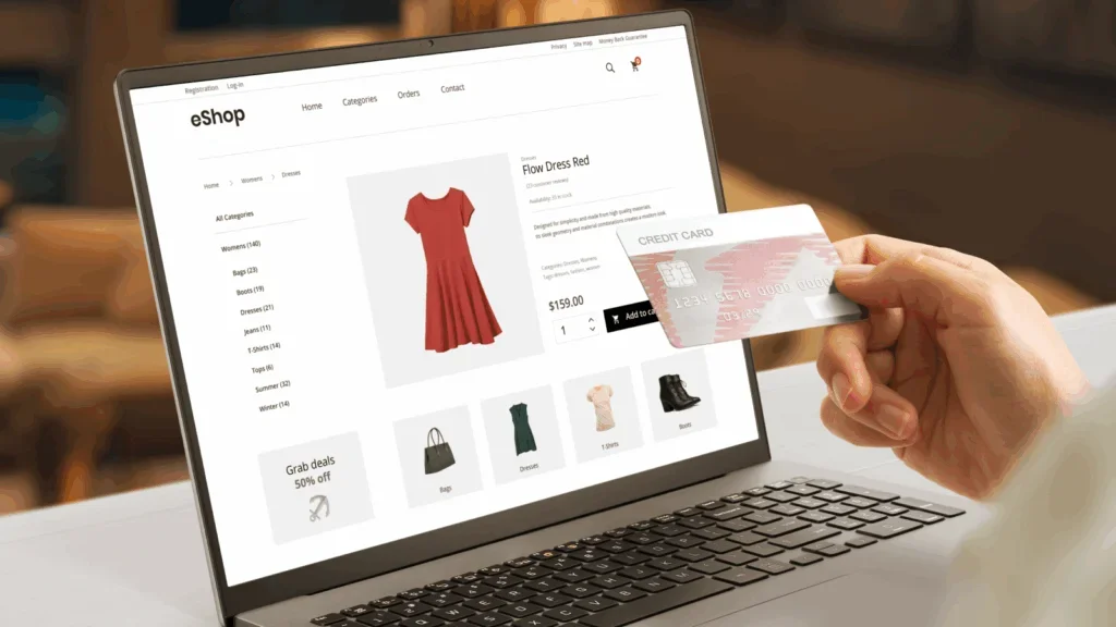 A person is holding a credit card while shopping online.