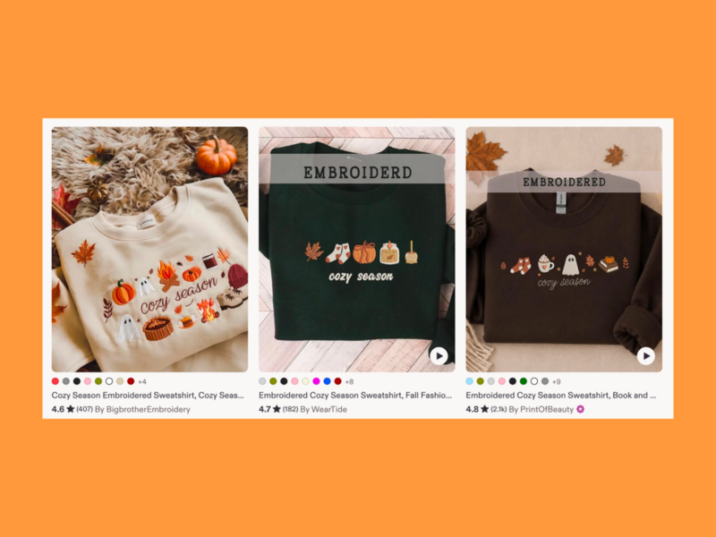 A screenshot with seasonal apparel on Etsy.