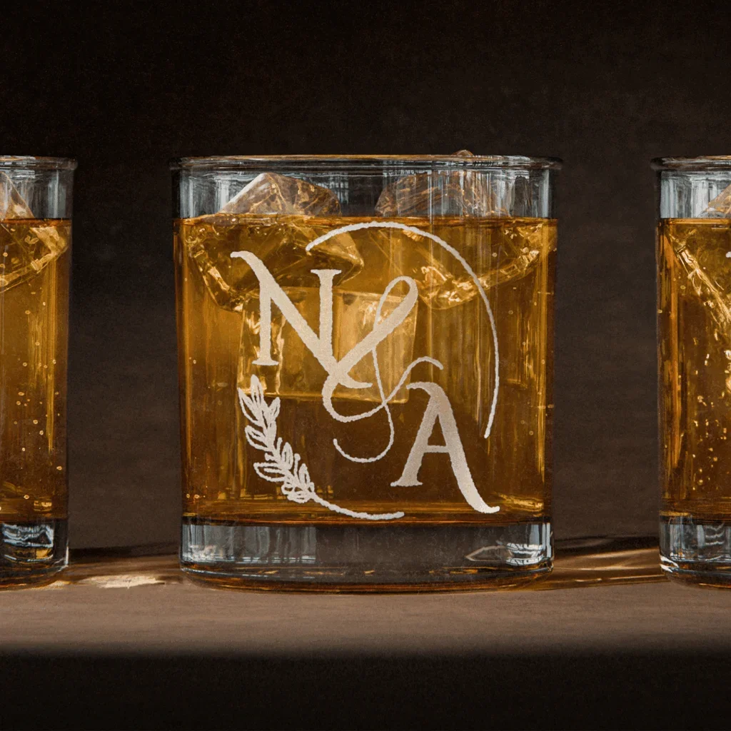 A glass with engraved “N & A” initials.