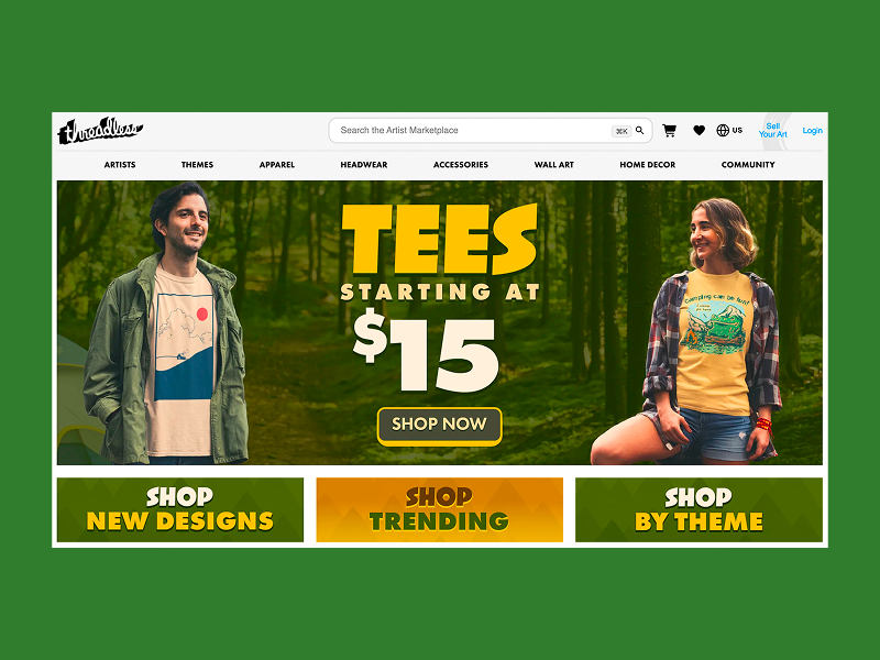 Threadless homepage advertising artist-designed tees from $15.