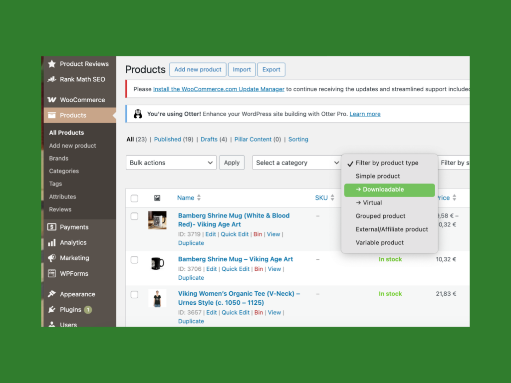 A screenshot showing product filters.