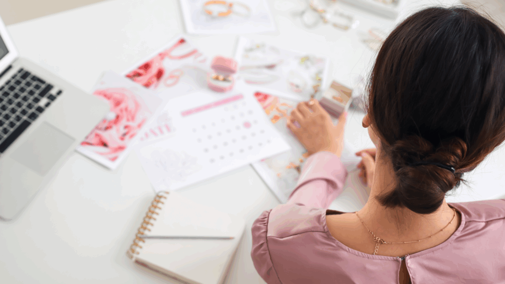 A woman sits at a desk with a laptop open and a calendar beside her, focused on her work.