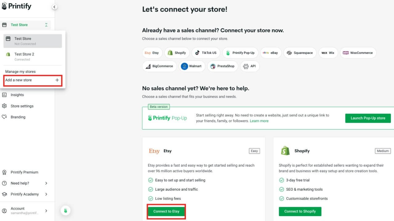 Printify's store connection page, with the 