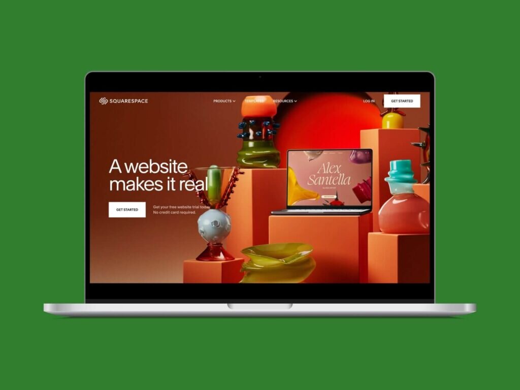 A screenshot of the Squarespace homepage hero section on a laptop screen with a green background.