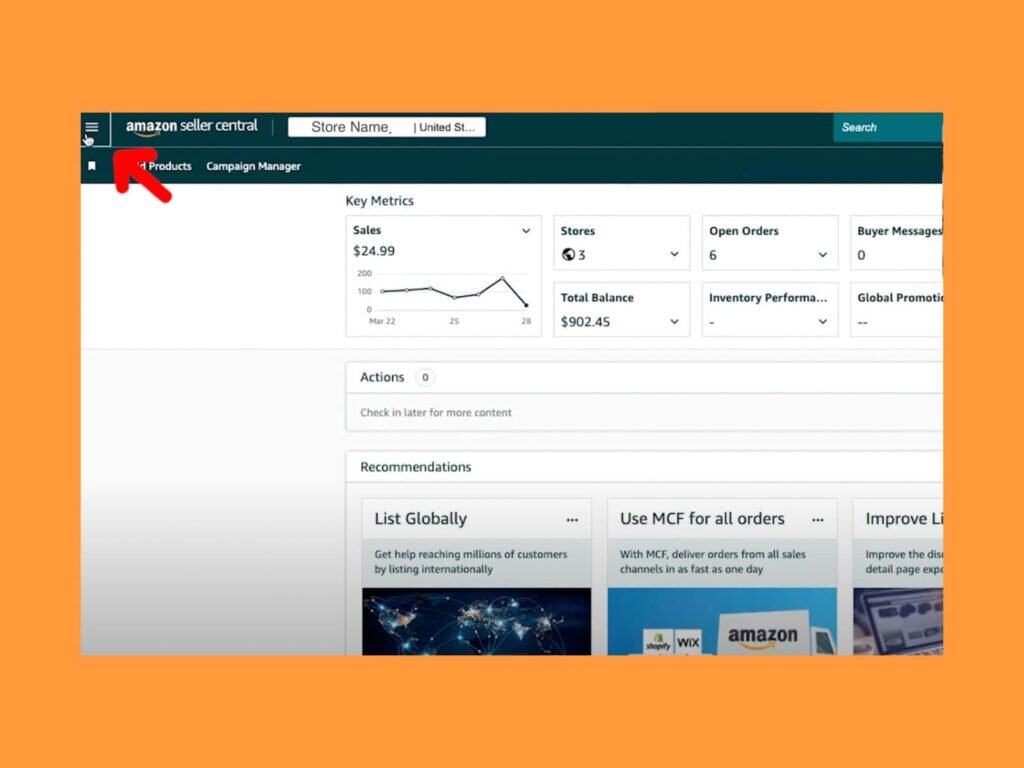 Catalog tab in the upper-left corner of the main menu of Amazon Seller Central.