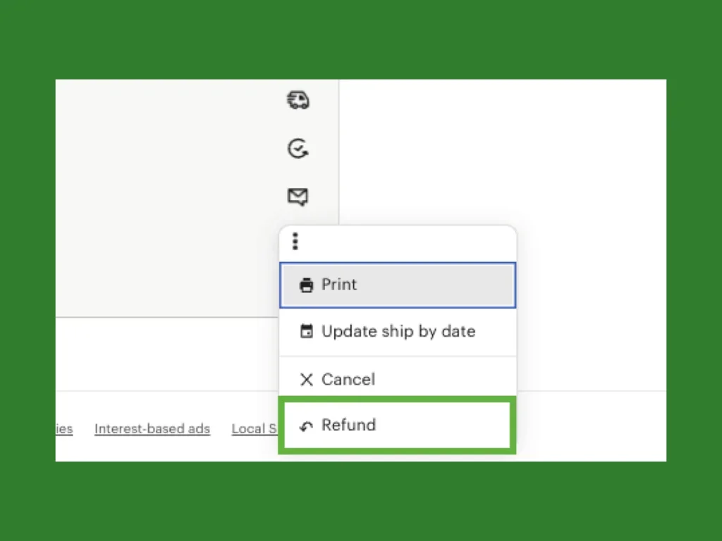 A screenshot mockup highlighting how to start a refund process for an Etsy order.