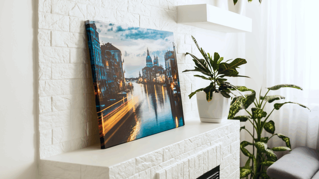A framed picture of a cityscape is displayed on a wall, showcasing urban buildings and skyline details.