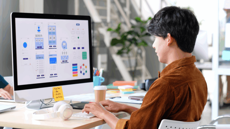 A man in a brown shirt works on a user interface design. The desk holds headphones, coffee, and colorful stationery.