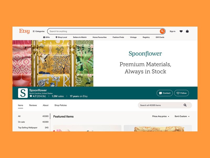 Spoonflower’s Etsy shop screenshot mockup.