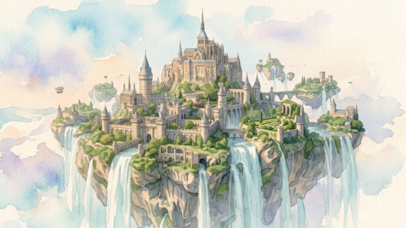 An AI-generated image of a floating island castle with pouring waters on its edges.