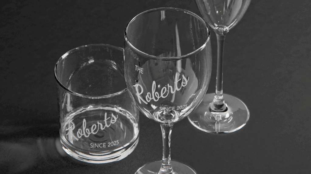 Different glassware with engraved “The Roberts since 2025” text.