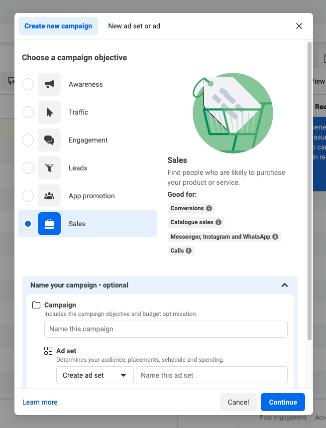 Facebook Ad Campaign setup window prompting the user to choose a campaign objective and name.