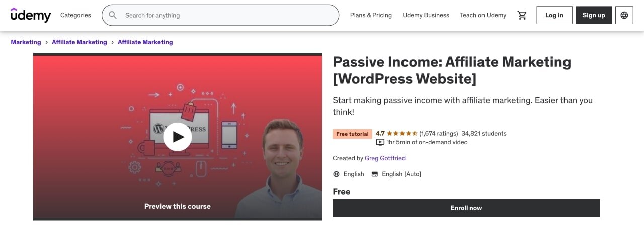 Udemy's “Passive Income: Affiliate Marketing” free course page hero section screenshot.