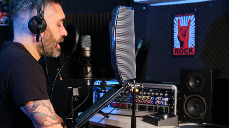 A man holds a microphone while seated in front of a computer, engaged in a voice recording session.