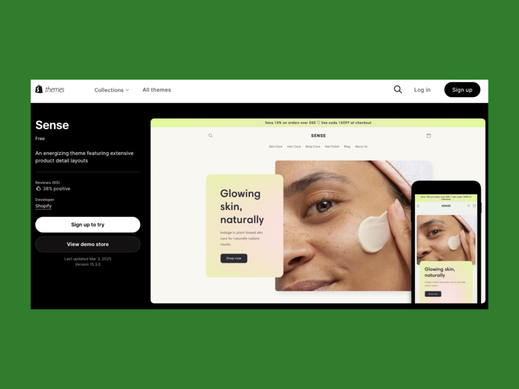 A screenshot of the Sense theme landing page.